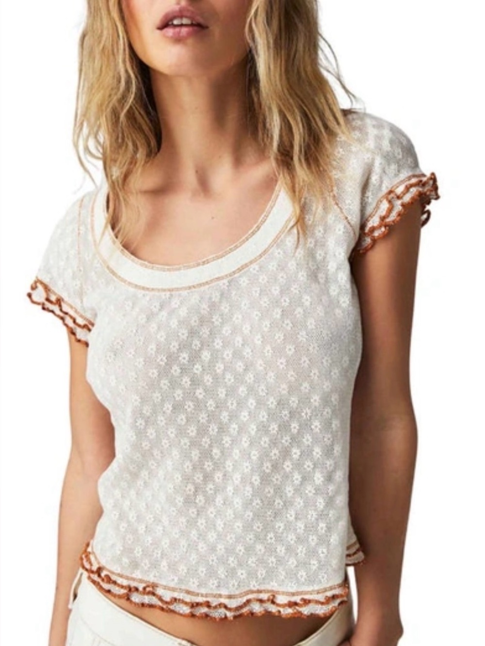 Free People Garner Tee Cream White Floral Eyelet Pointelle Knit Baby Tee XS